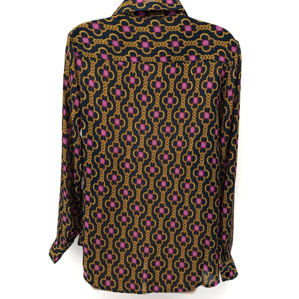NWT Larsen Gray Womens Black Chain Print Button Front Blouse Size M - Picture 2 of 7